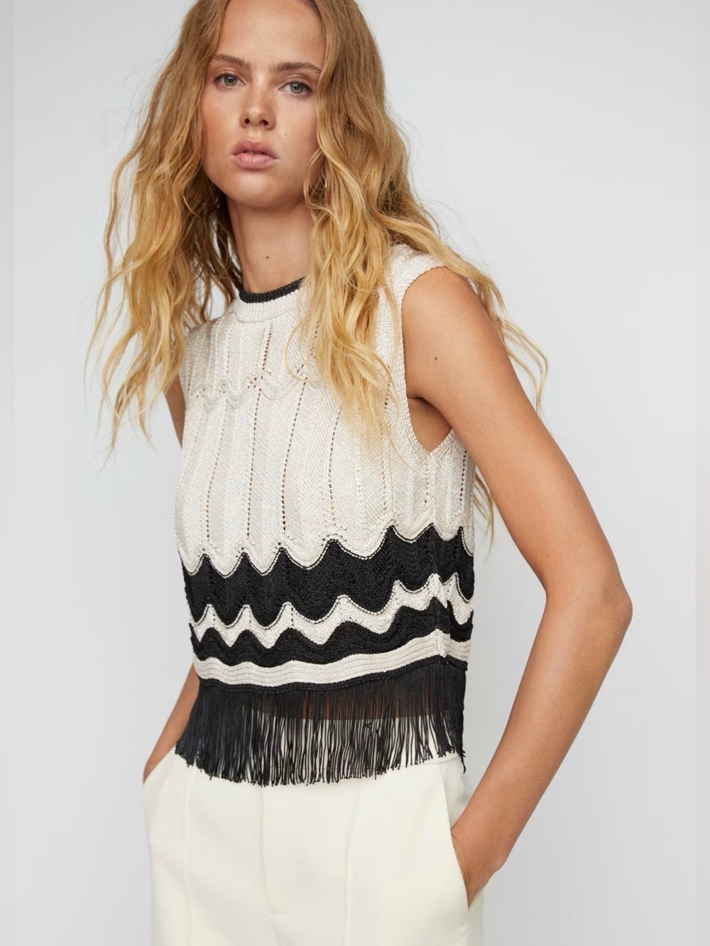Mango Sleeveless Fringe Hem Knit Top in Black and Cream